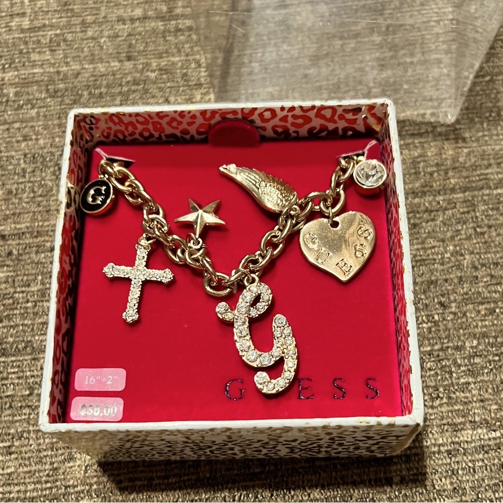 Final Markdown- Guess Gold Bling G Cross Rhinestone Choker Charm Chain